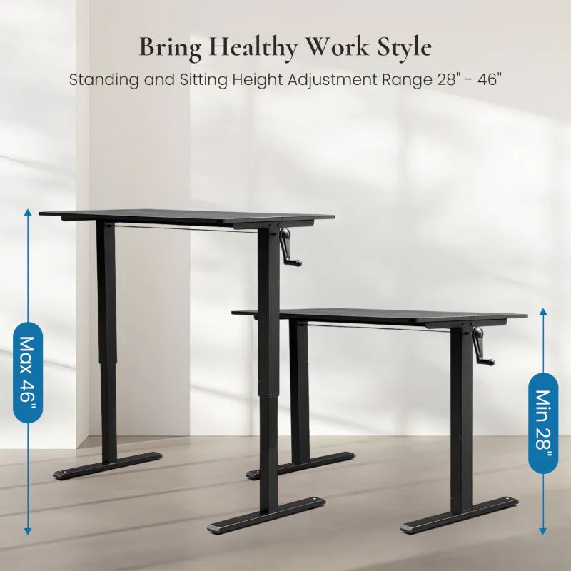 Hand-crank adjustable office desk showcasing height adjustment from 28 to 46 inches for optimal ergonomic work style.