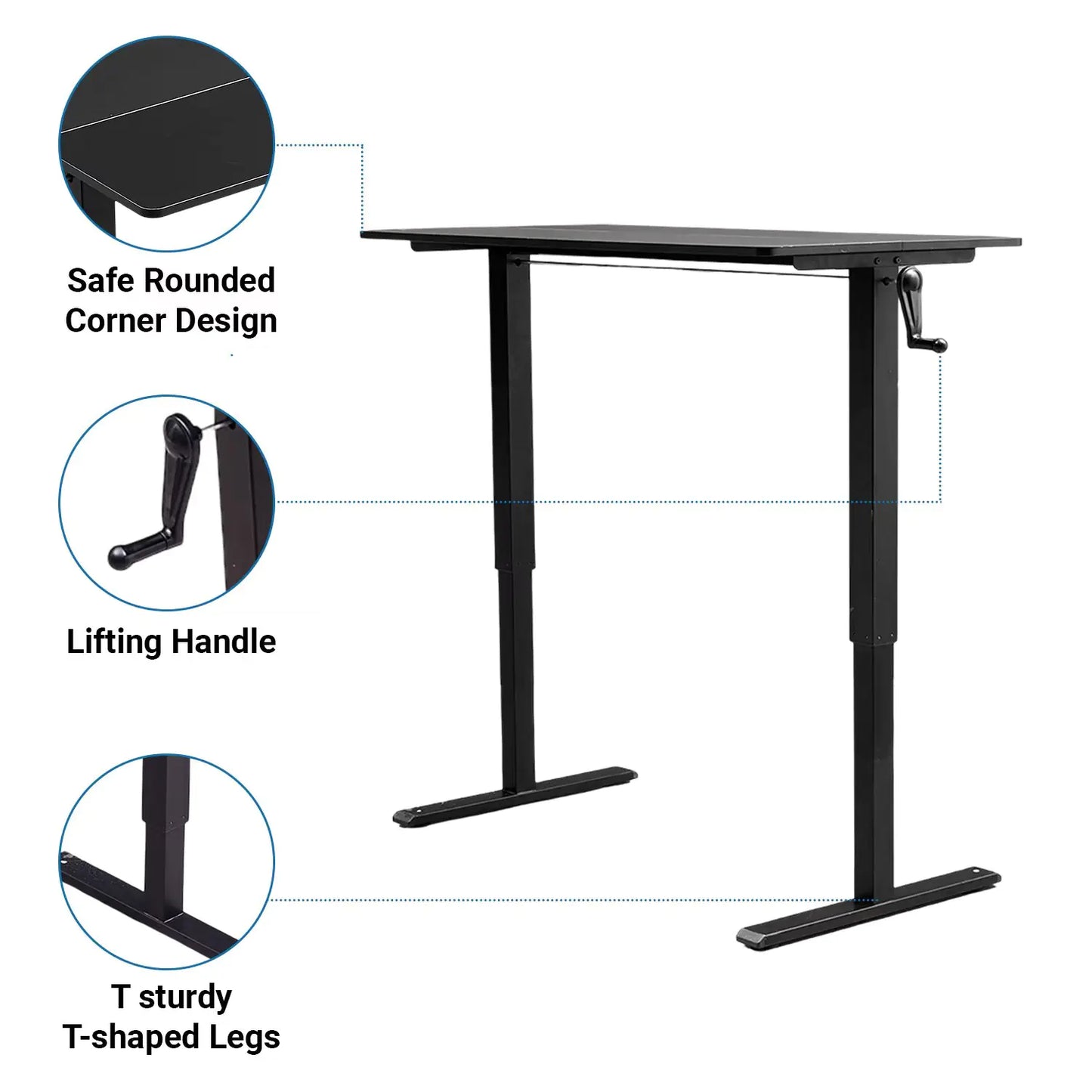 Hand-crank adjustable office desk showcasing safe rounded corners, lifting handle, and T-shaped legs for stability.