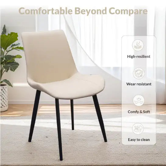 Beige PU Leather Dining Chair With Metal Legs, Modern Upholstered Chair Set Of 2 For Kitchen