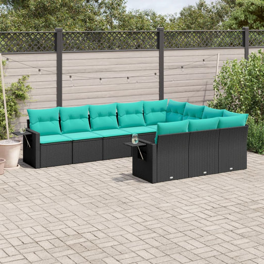 vidaXL 10 Piece Patio Sofa Set with Cushions Black Poly Rattan