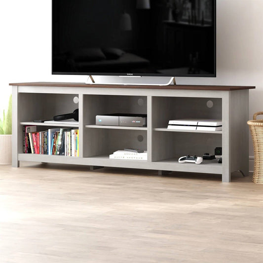 Farmhouse TV Stand in Grey Oak with Brown Wood Finish Top for TVs up to 70-inch