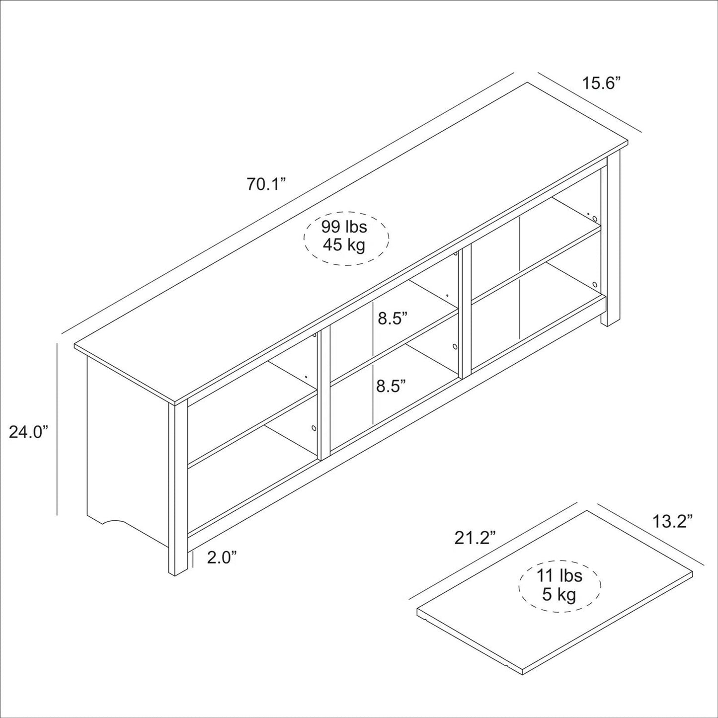 Farmhouse TV Stand in Grey Oak with Brown Wood Finish Top for TVs up to 70-inch