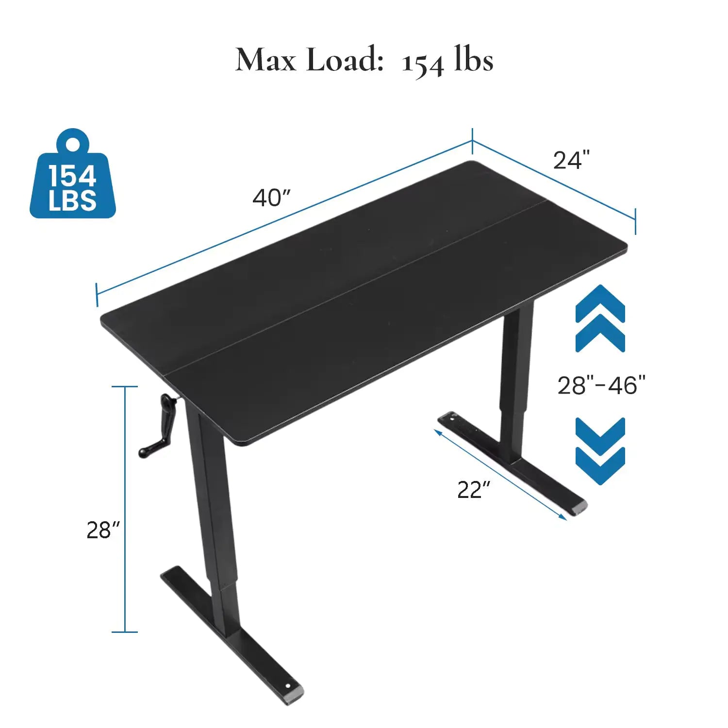 Hand-crank adjustable office desk dimensions 40x24 inches, height range 28-46 inches, max load 154 lbs.