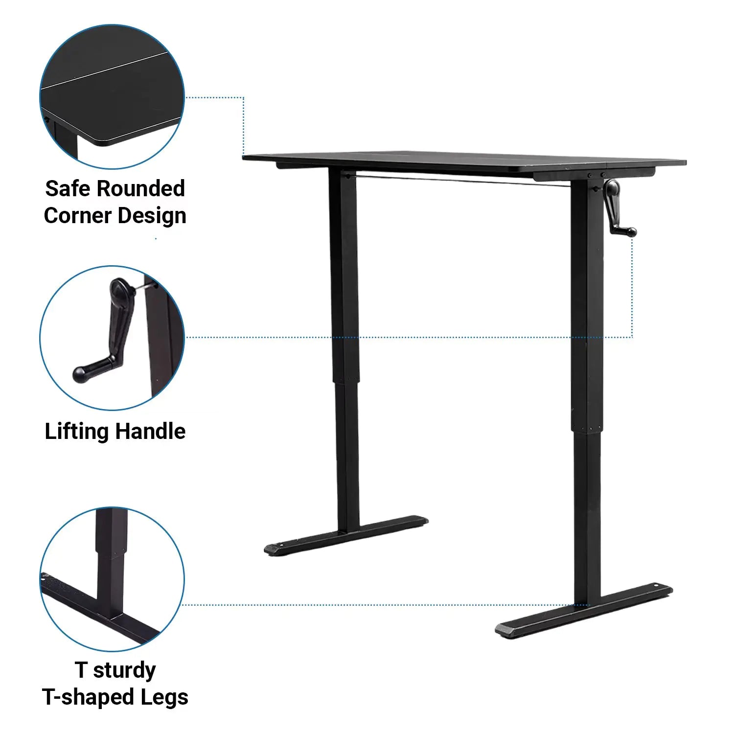 Hand-crank adjustable office desk showcasing safe rounded corners, lifting handle, and T-shaped legs for stability.