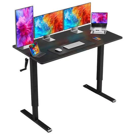 Hand-crank adjustable office desk with multiple monitors, perfect for home, office, gaming, or study use.